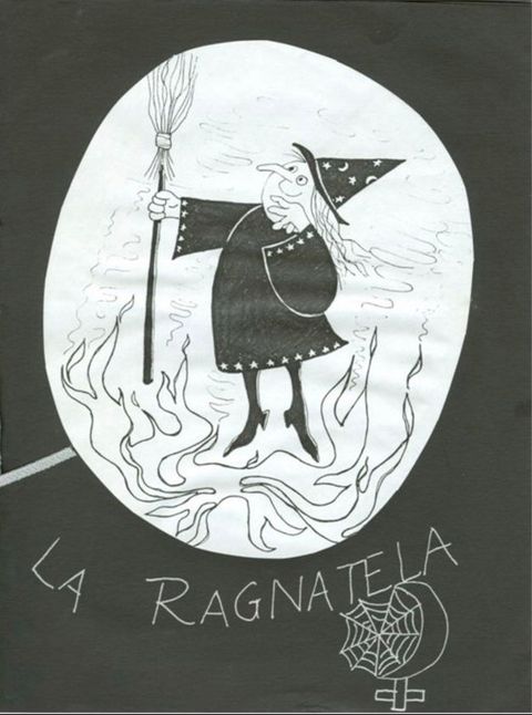 Poster. In a white oval against a black background, a cartoonish witch stands or floats with flames licking near her feet. She holds up a broom in one hand, and looks at it, smiling. The title is written in white below the oval. A symbol for female near the lower right corner has a crescent moon holding a spider web to create the circle.